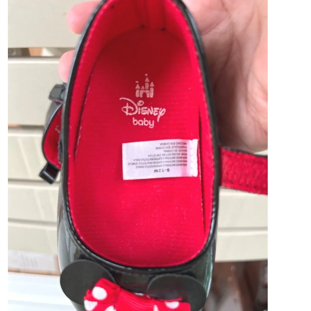 Disney Baby Minnie Mouse‎ Mary Jane Black Patent Crib Shoes Red Polka Dot 6-12M